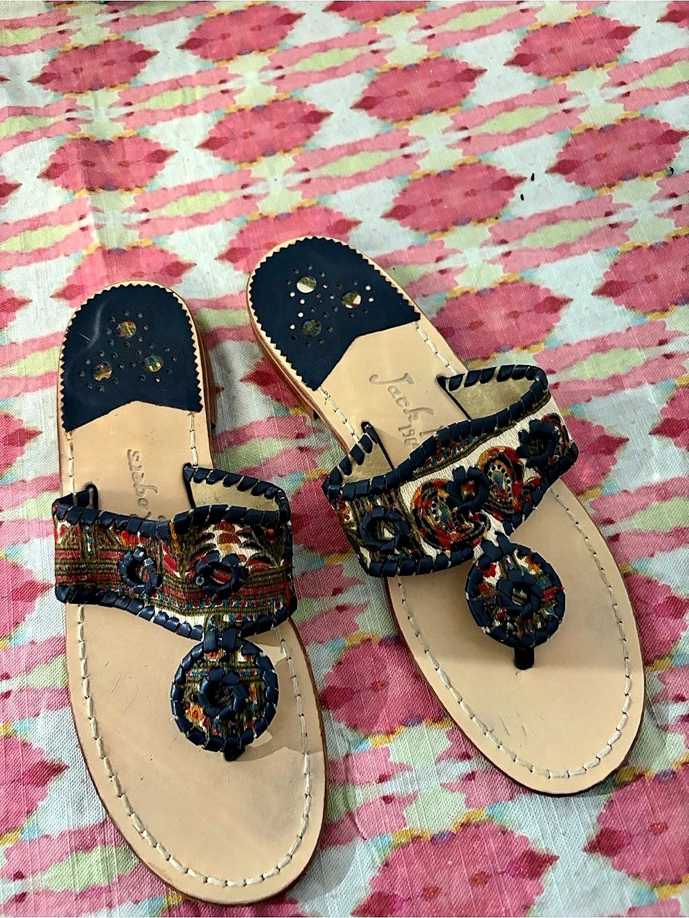 Jack Rogers Navajo Thong Sandal Paisley Print Embellished Floral Sandals in Blue
